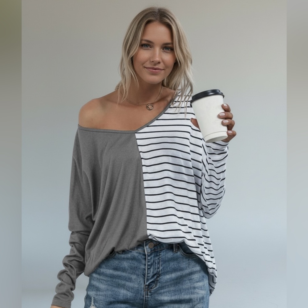 Blissful Balance Minimalist Chic Gray & White Striped Unique Top•L-XL